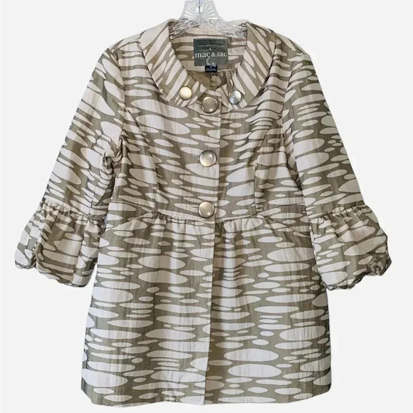 MAC & JAC* Sage & Ivory Animal Print Jacket Peplum Style 3/4 Puffy Sleeves Sz 10 - Picture 1 of 10
